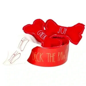 NEW 4 Pc SET - DECK THE PAWS - RED Pet Bowl, Bandana, & 2 squeaky Bone Toys